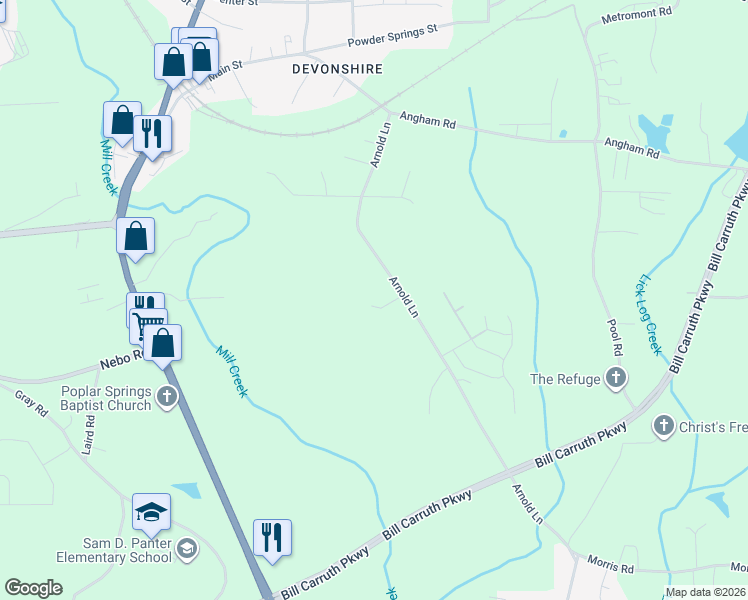map of restaurants, bars, coffee shops, grocery stores, and more near 82 Paris Circle in Hiram
