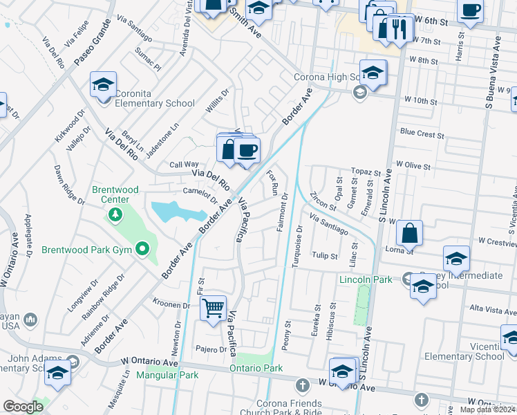 map of restaurants, bars, coffee shops, grocery stores, and more near 1266 Willowspring Lane in Corona