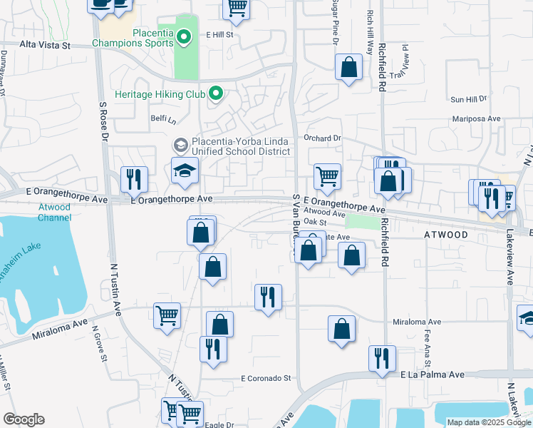 map of restaurants, bars, coffee shops, grocery stores, and more near 1563 Lima Way in Placentia