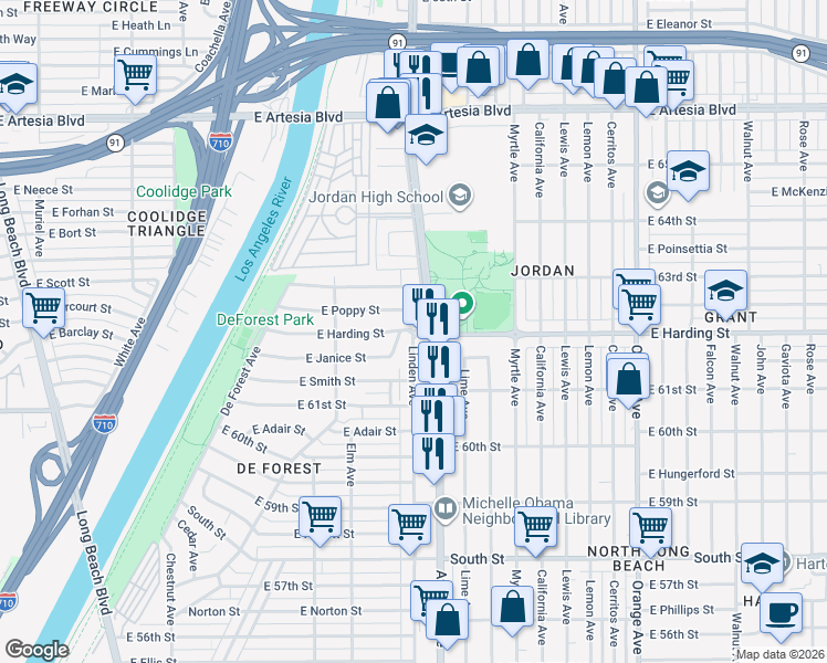 map of restaurants, bars, coffee shops, grocery stores, and more near East Harding Street & Linden Avenue in Long Beach