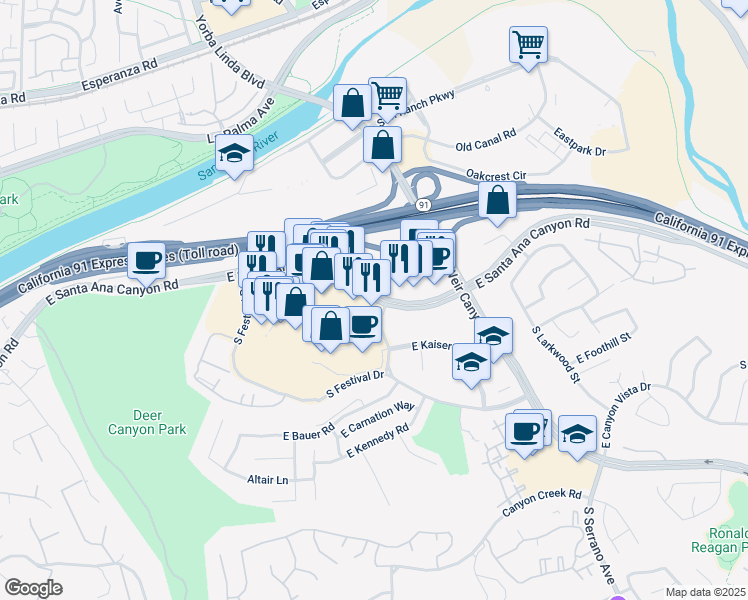 map of restaurants, bars, coffee shops, grocery stores, and more near East Santa Ana Canyon Road in Anaheim