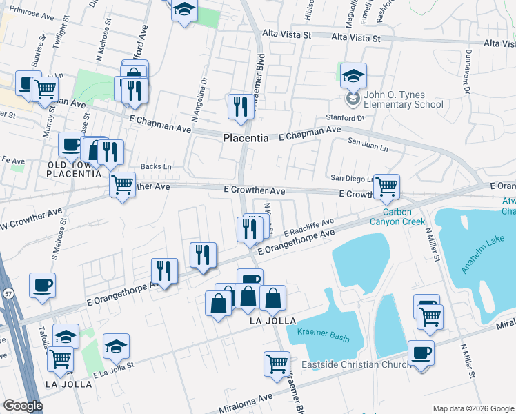 map of restaurants, bars, coffee shops, grocery stores, and more near 1753 North Rutherford Street in Anaheim
