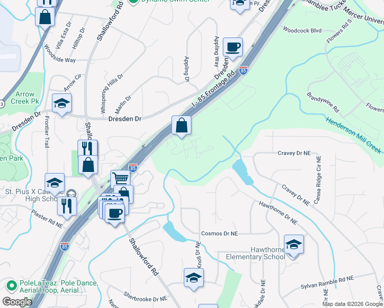 map of restaurants, bars, coffee shops, grocery stores, and more near 3091 Colonial Way in Atlanta
