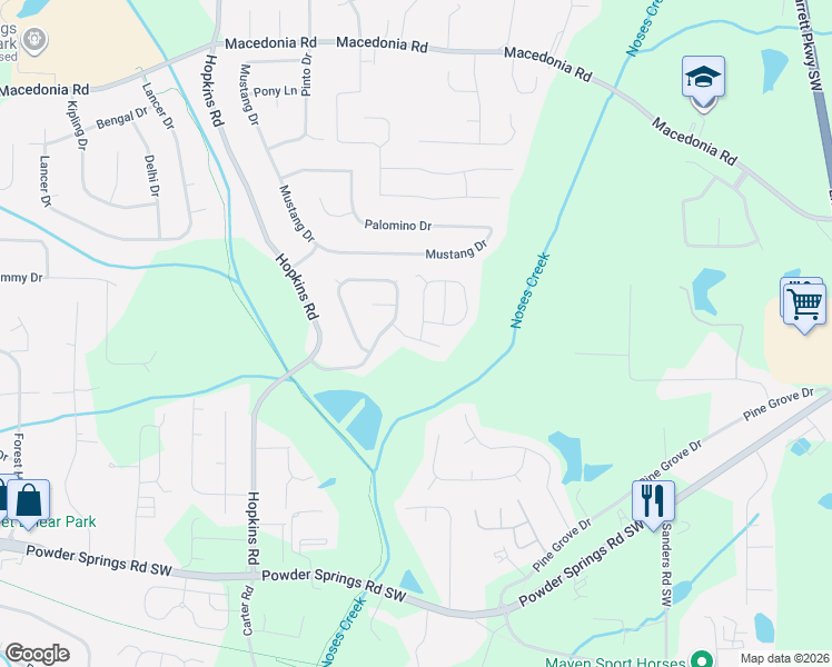 map of restaurants, bars, coffee shops, grocery stores, and more near 3505 Ten Oaks Circle in Powder Springs