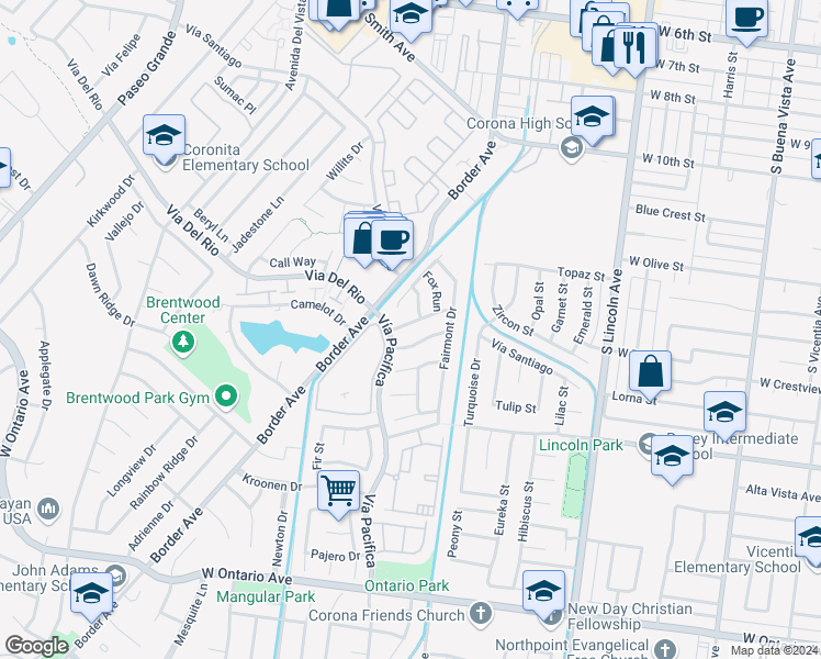 map of restaurants, bars, coffee shops, grocery stores, and more near 1266 Willowspring Lane in Corona