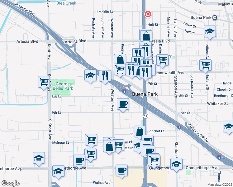 map of restaurants, bars, coffee shops, grocery stores, and more near 7515 8th Street in Buena Park