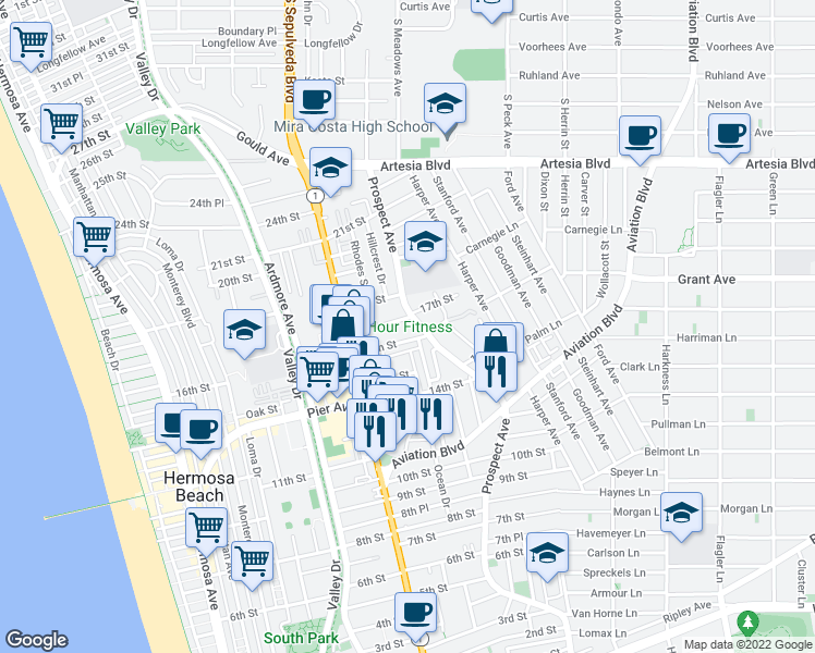 map of restaurants, bars, coffee shops, grocery stores, and more near 1022 17th Street in Hermosa Beach