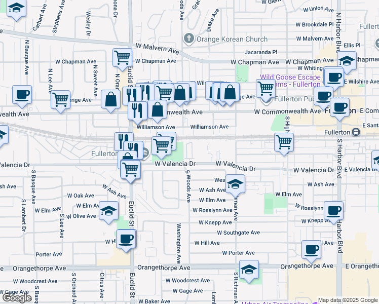 map of restaurants, bars, coffee shops, grocery stores, and more near 355 Colony Drive in Fullerton