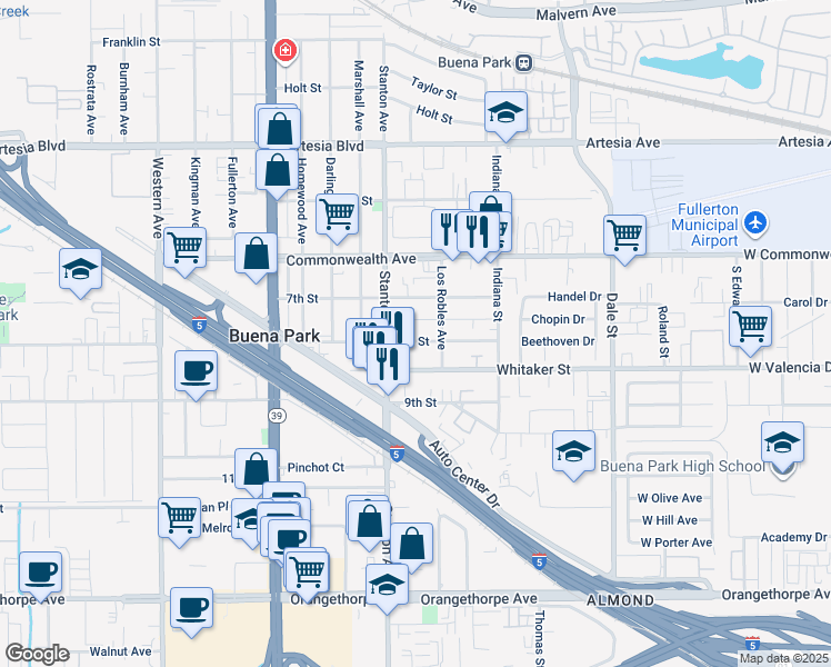 map of restaurants, bars, coffee shops, grocery stores, and more near 8042 8th Street in Buena Park