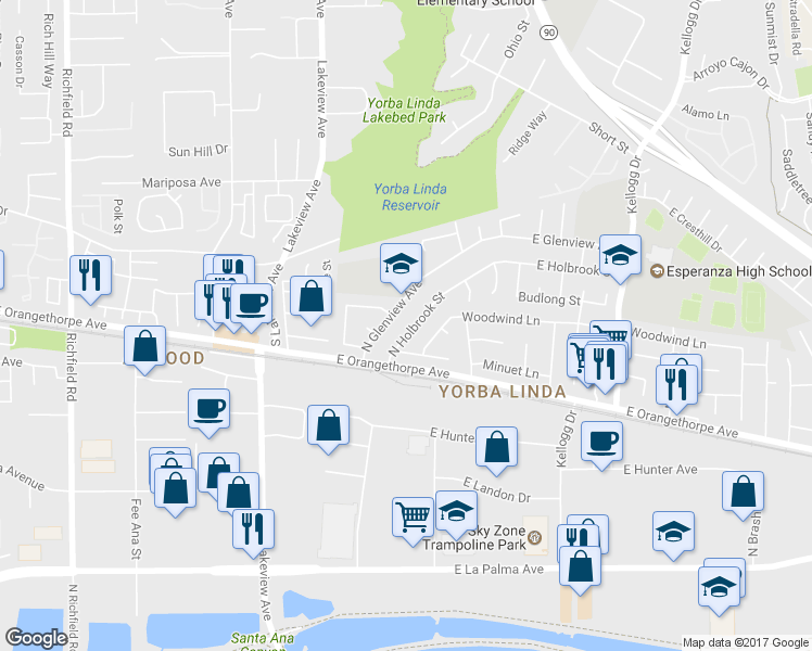 map of restaurants, bars, coffee shops, grocery stores, and more near 1745 North Holbrook Street in Anaheim