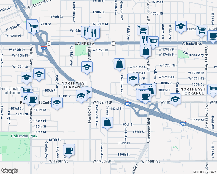 map of restaurants, bars, coffee shops, grocery stores, and more near 18017 Ermanita Avenue in Torrance