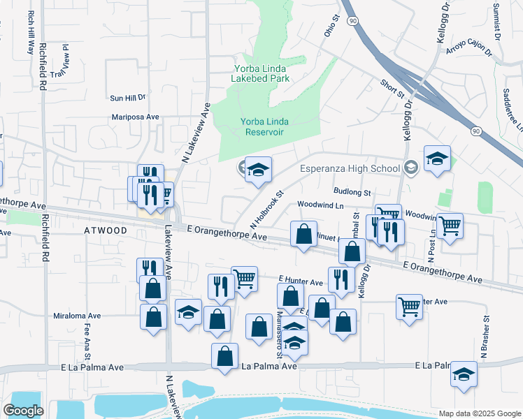 map of restaurants, bars, coffee shops, grocery stores, and more near 1745 North Holbrook Street in Anaheim