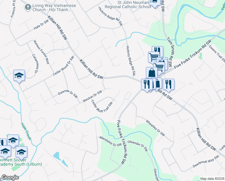 map of restaurants, bars, coffee shops, grocery stores, and more near 4245 Cedar Bluff Way Southwest in Lilburn