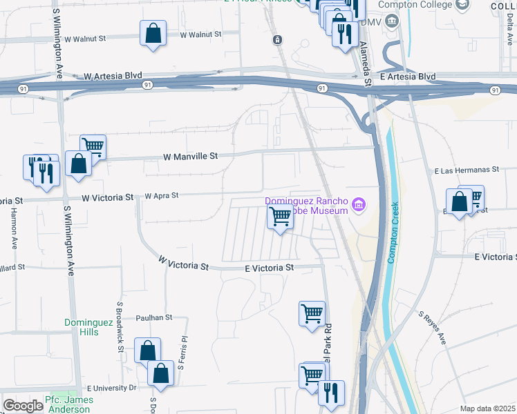 map of restaurants, bars, coffee shops, grocery stores, and more near Domingo in Compton