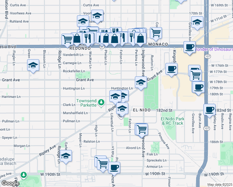 map of restaurants, bars, coffee shops, grocery stores, and more near 2517 Harriman Lane in Redondo Beach