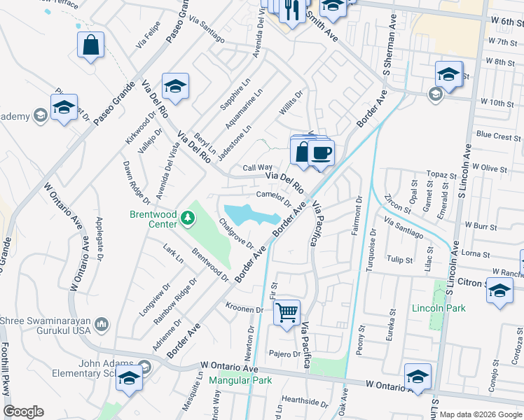 map of restaurants, bars, coffee shops, grocery stores, and more near 1438 Camelot Drive in Corona