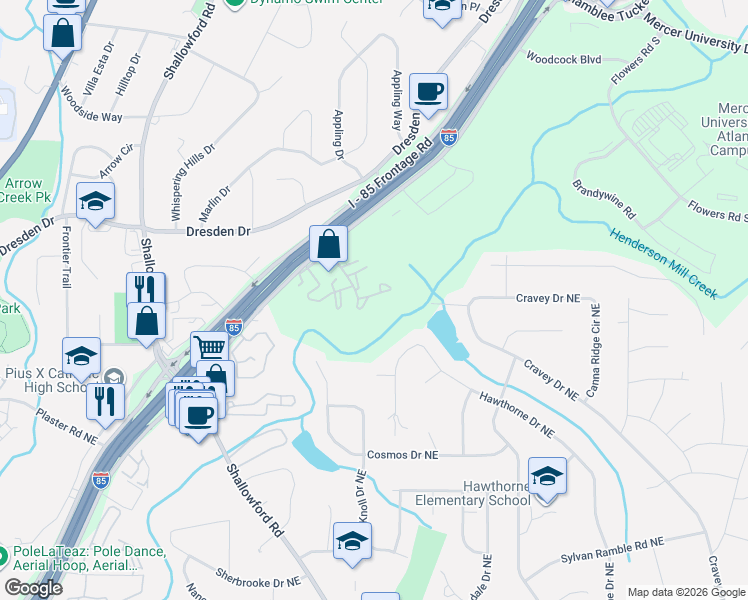 map of restaurants, bars, coffee shops, grocery stores, and more near 3095 Colonial Way in Chamblee