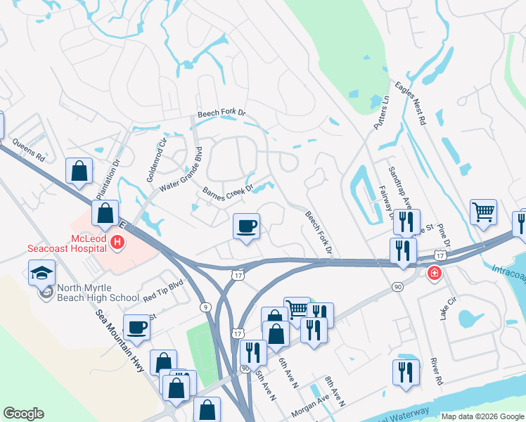 map of restaurants, bars, coffee shops, grocery stores, and more near 4357 Spa Drive in Little River