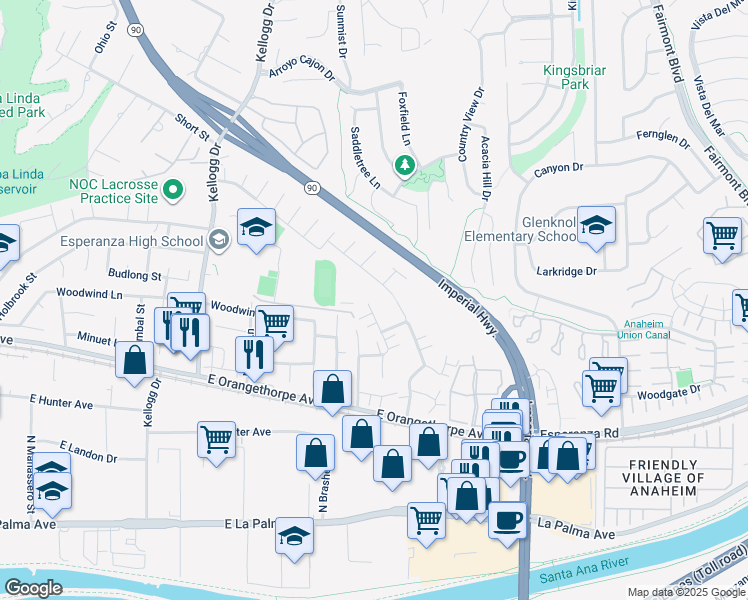 map of restaurants, bars, coffee shops, grocery stores, and more near 1780 North Cedar Glen Drive in Anaheim
