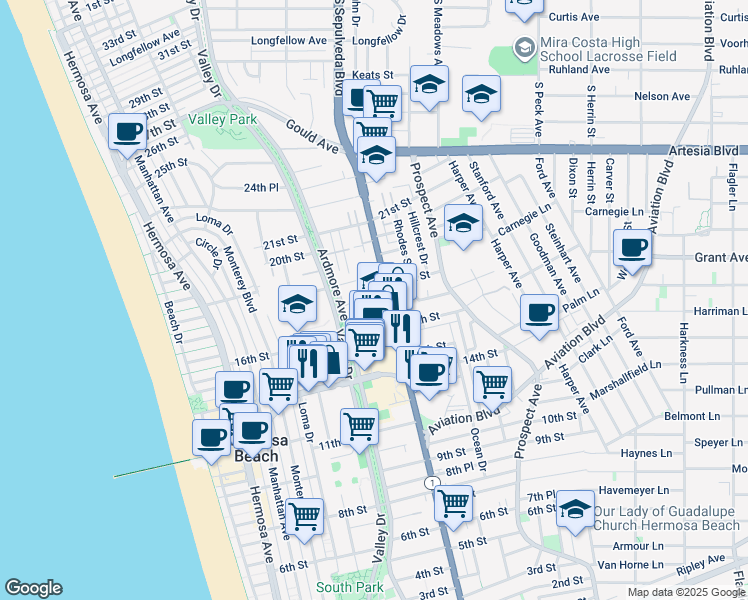 map of restaurants, bars, coffee shops, grocery stores, and more near 1707 Pacific Coast Highway in Hermosa Beach