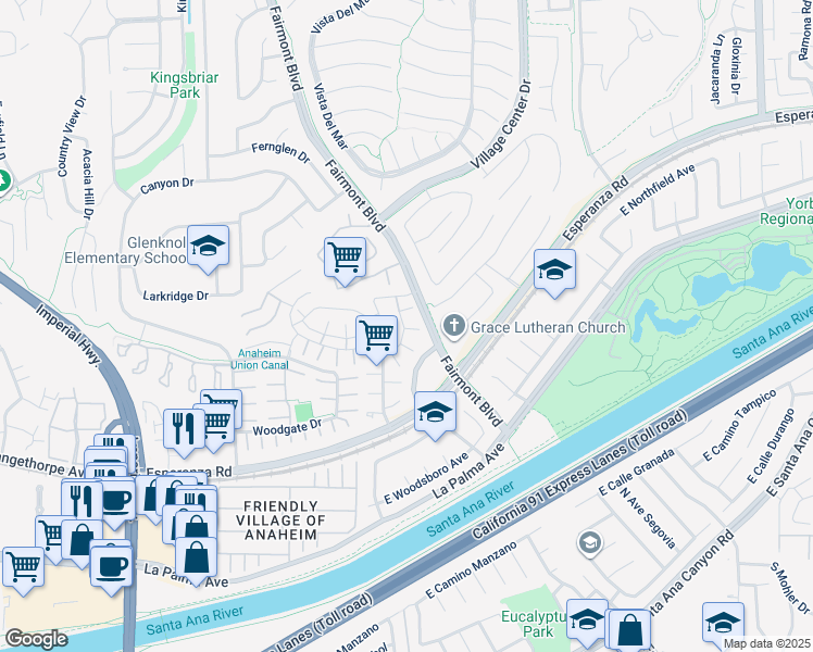 map of restaurants, bars, coffee shops, grocery stores, and more near 20453 Cherry Gate Lane in Yorba Linda