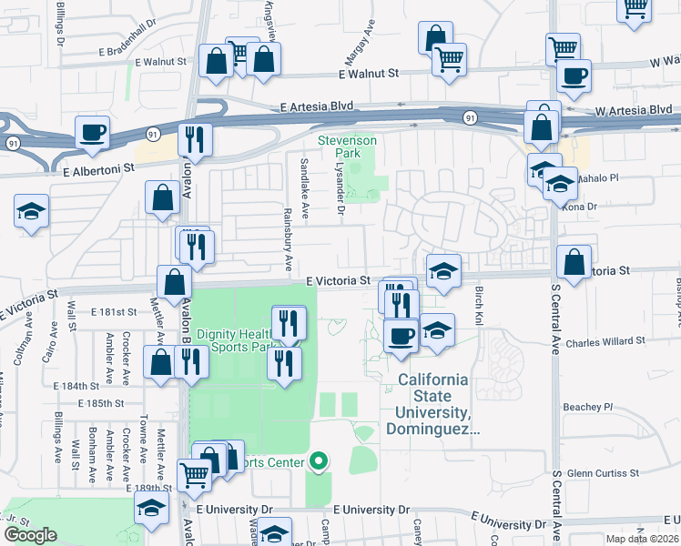 map of restaurants, bars, coffee shops, grocery stores, and more near 914 East Sagebank Street in Carson