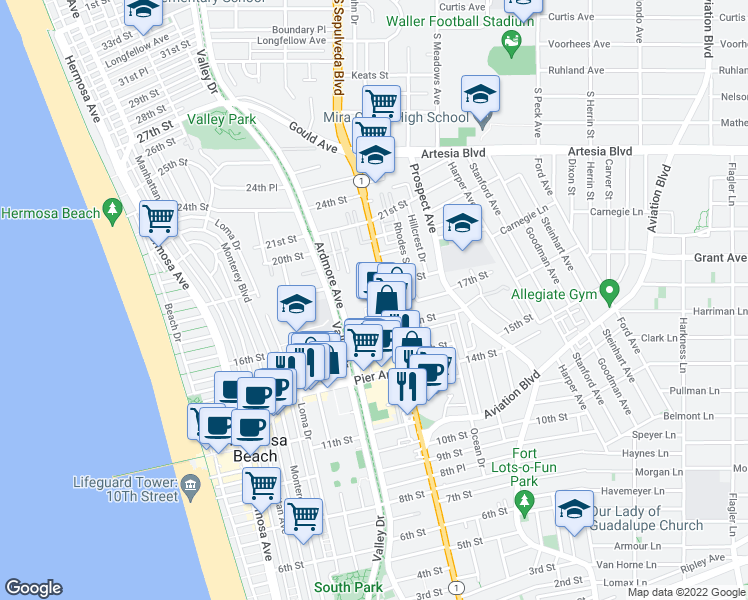 map of restaurants, bars, coffee shops, grocery stores, and more near 1600 Ardmore Avenue in Hermosa Beach