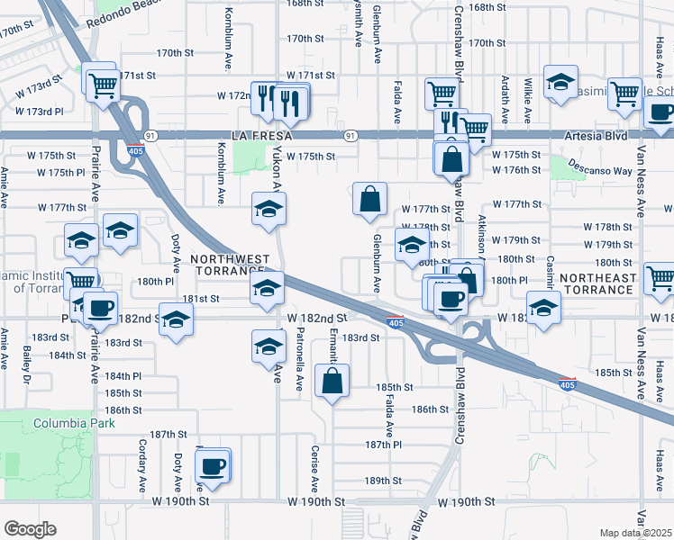 map of restaurants, bars, coffee shops, grocery stores, and more near 18017 Ermanita Avenue in Torrance