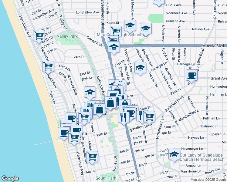 map of restaurants, bars, coffee shops, grocery stores, and more near 1707 Pacific Coast Highway in Hermosa Beach