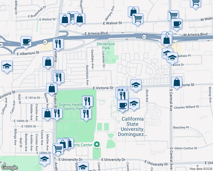 map of restaurants, bars, coffee shops, grocery stores, and more near 914 East Sagebank Street in Carson