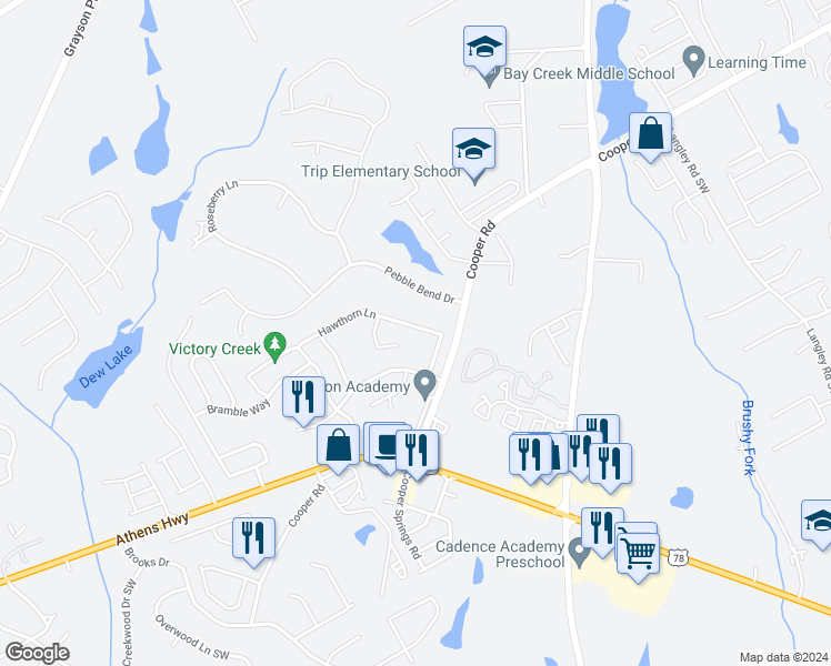 map of restaurants, bars, coffee shops, grocery stores, and more near 1053 Hawthorn Lane in Grayson