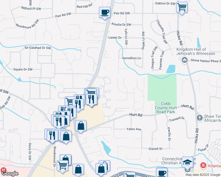 map of restaurants, bars, coffee shops, grocery stores, and more near 2905 Station Club Drive in Marietta