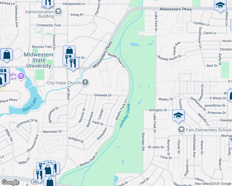 map of restaurants, bars, coffee shops, grocery stores, and more near 4401 Barbados in Wichita Falls