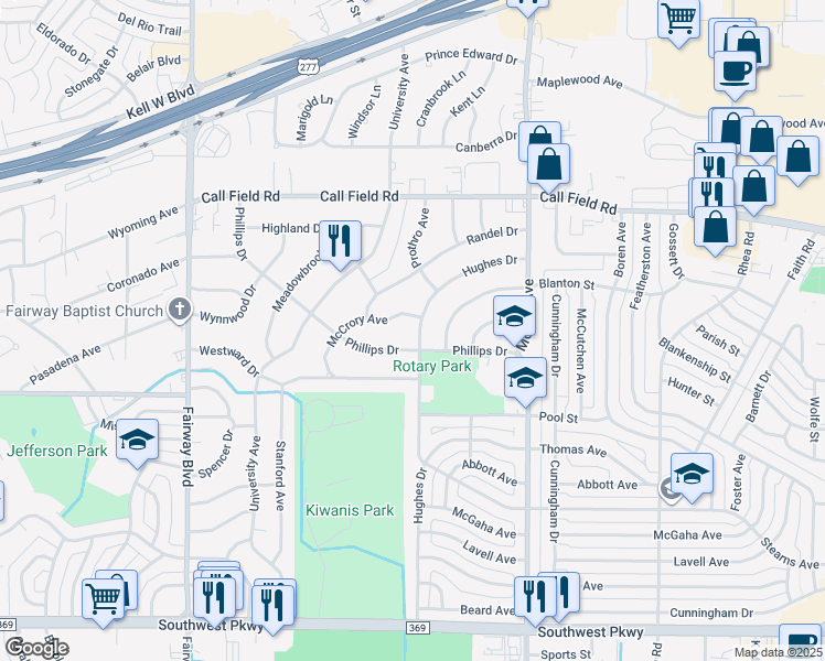 map of restaurants, bars, coffee shops, grocery stores, and more near 4406 Phillips Drive in Wichita Falls