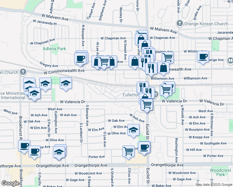 map of restaurants, bars, coffee shops, grocery stores, and more near 1201 West Valencia Drive in Fullerton