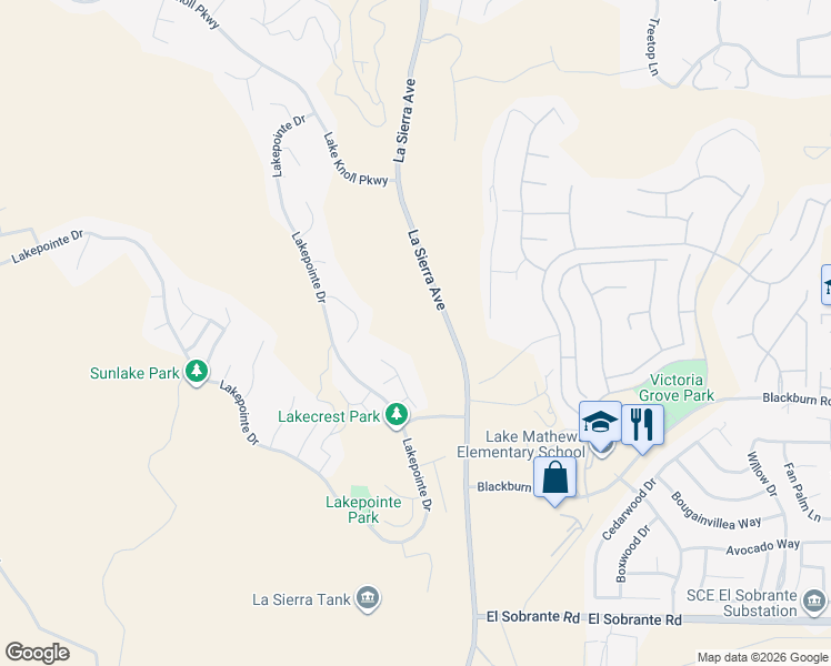 map of restaurants, bars, coffee shops, grocery stores, and more near 17401 La Sierra Avenue in Riverside