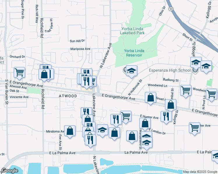 map of restaurants, bars, coffee shops, grocery stores, and more near 4568 East Meadowhill Avenue in Anaheim