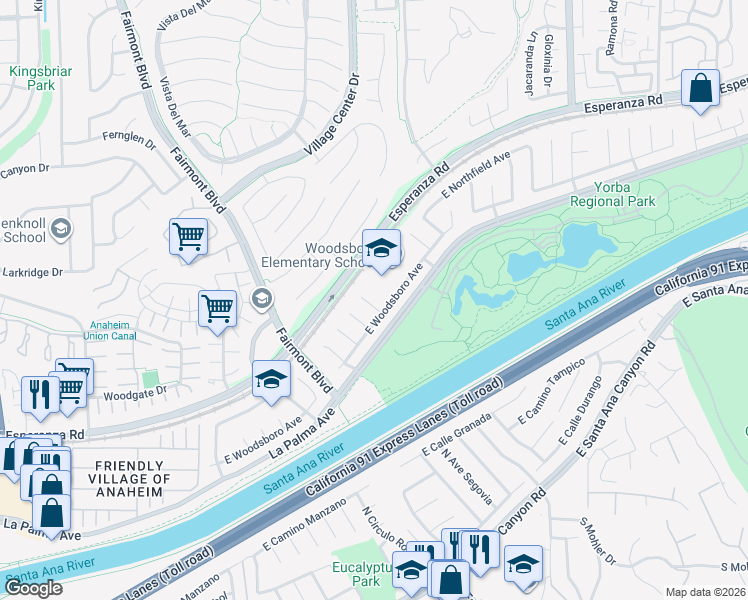 map of restaurants, bars, coffee shops, grocery stores, and more near 1221 North Tippetts Lane in Anaheim