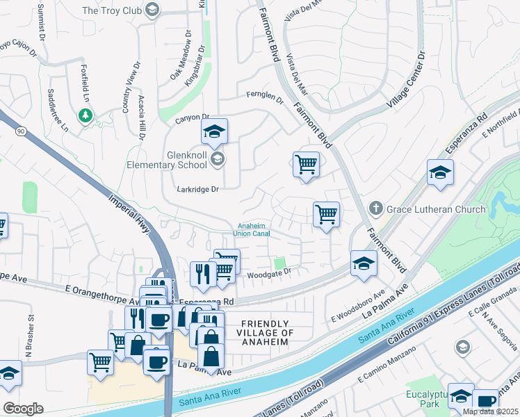 map of restaurants, bars, coffee shops, grocery stores, and more near 19866 Oakvale Drive in Yorba Linda