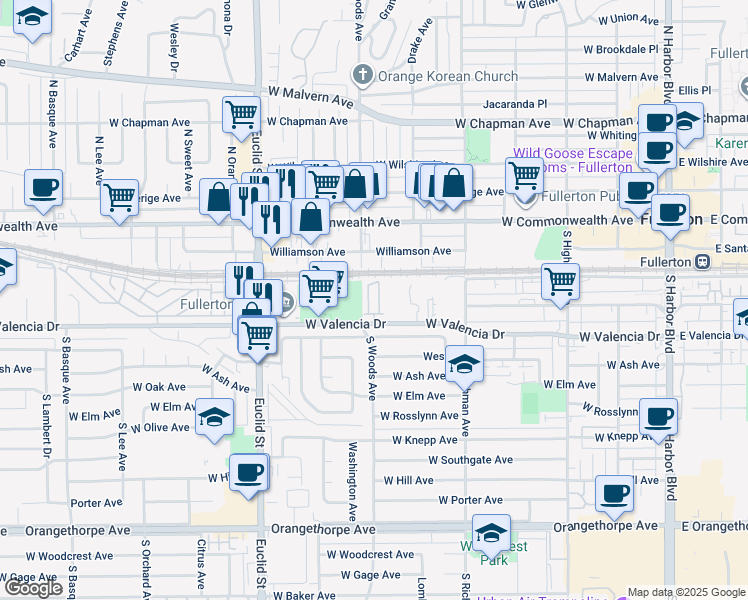 map of restaurants, bars, coffee shops, grocery stores, and more near 699 West Valencia Drive in Fullerton