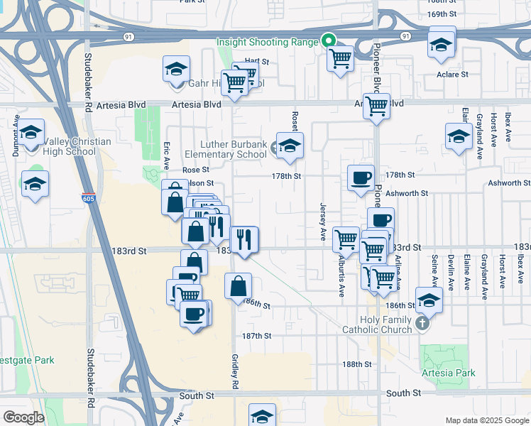 map of restaurants, bars, coffee shops, grocery stores, and more near 18018 Summer Avenue in Artesia