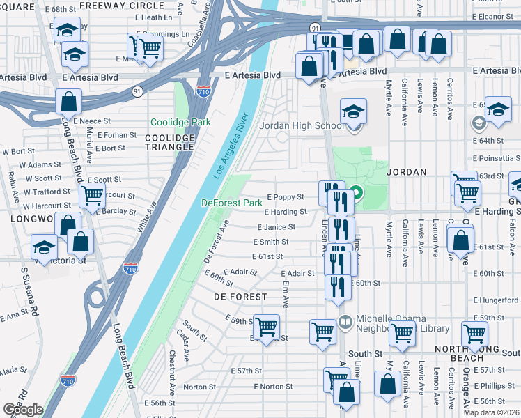 map of restaurants, bars, coffee shops, grocery stores, and more near 368 East Harding Street in Long Beach