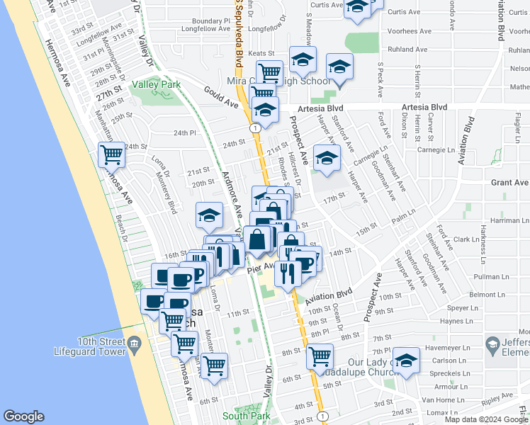 map of restaurants, bars, coffee shops, grocery stores, and more near 1600 Ardmore Avenue in Hermosa Beach