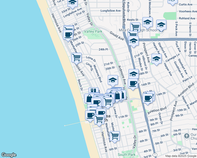 map of restaurants, bars, coffee shops, grocery stores, and more near 1818 Monterey Boulevard in Hermosa Beach