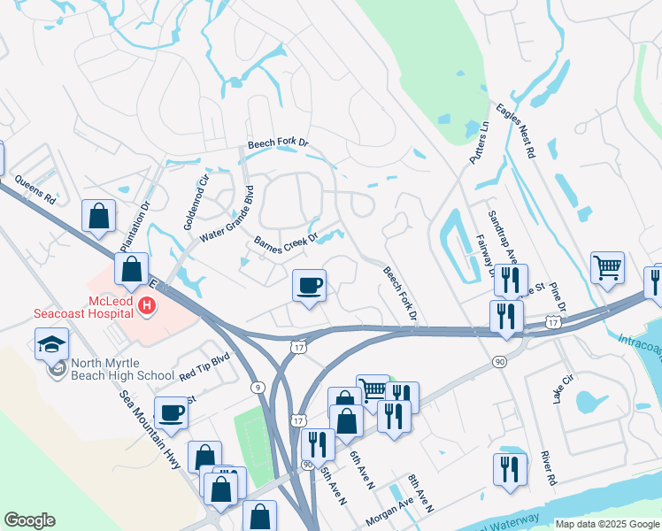 map of restaurants, bars, coffee shops, grocery stores, and more near 4357 Spa Drive in Little River