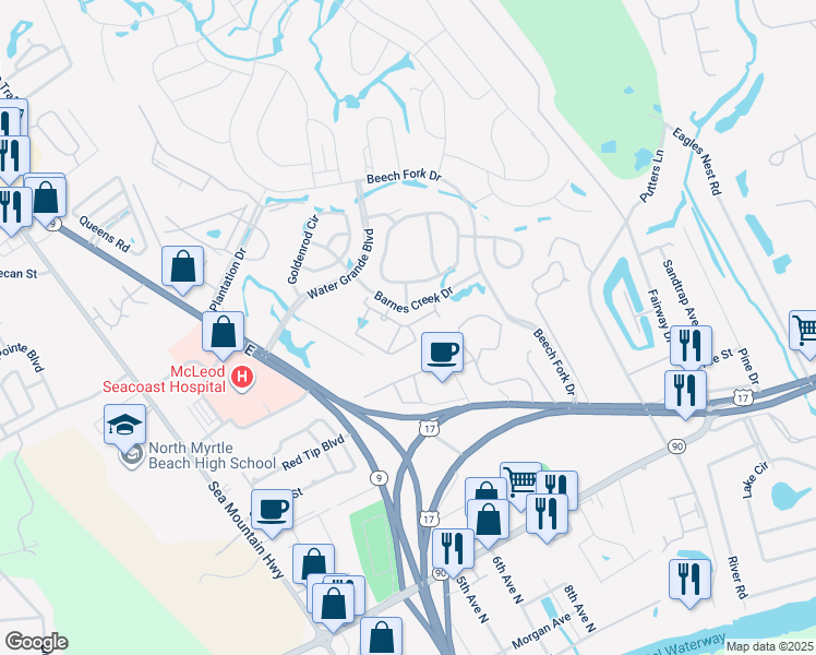 map of restaurants, bars, coffee shops, grocery stores, and more near 4345 Little River Inn Lane in Little River