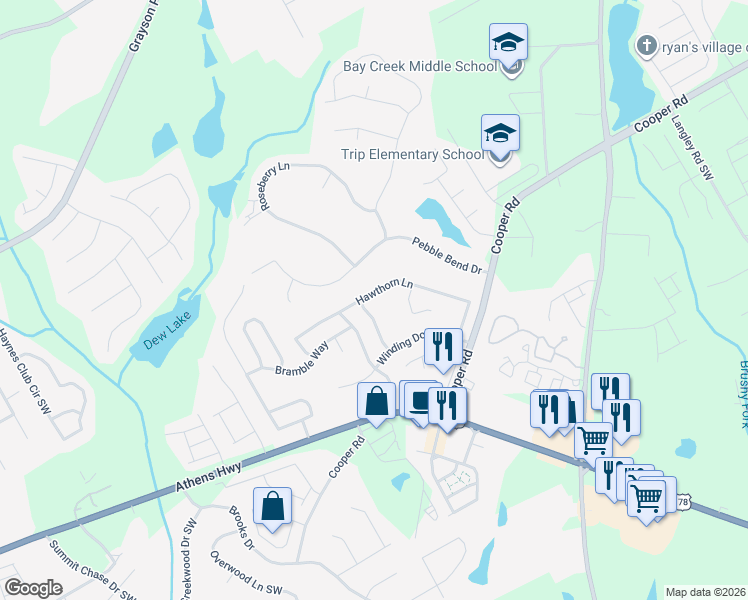 map of restaurants, bars, coffee shops, grocery stores, and more near 2832 Nathaniel Way in Grayson