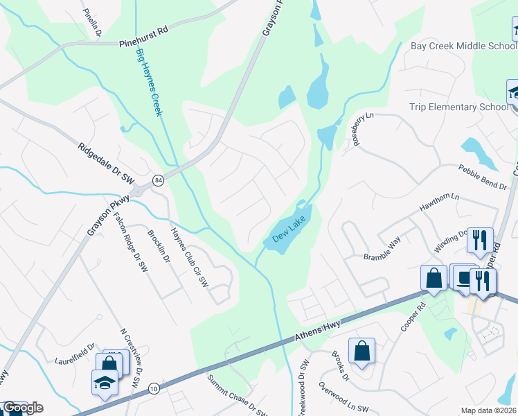 map of restaurants, bars, coffee shops, grocery stores, and more near 1318 Cascade View Drive Southwest in Grayson