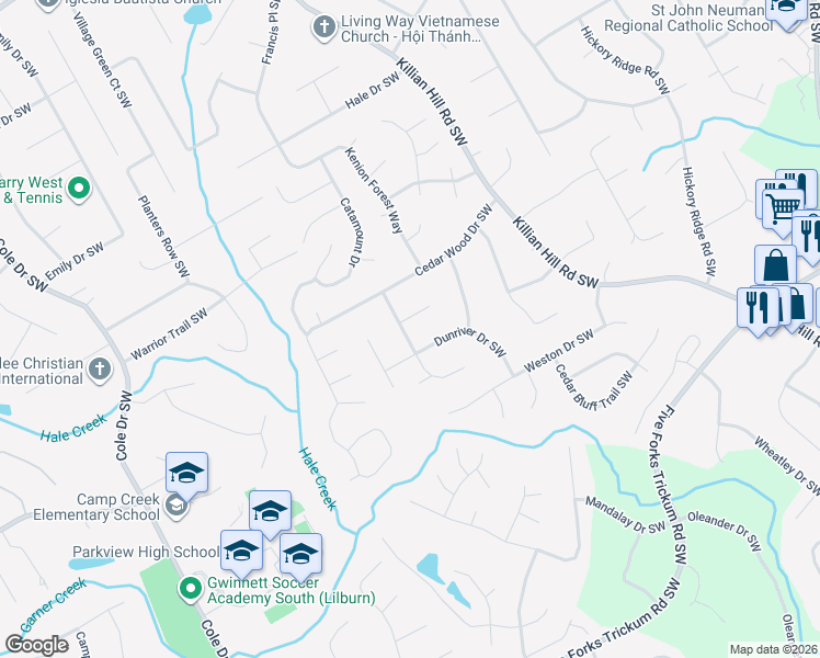 map of restaurants, bars, coffee shops, grocery stores, and more near 833 Angevine Court Southwest in Lilburn