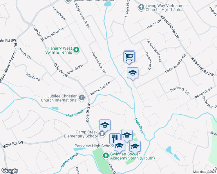 map of restaurants, bars, coffee shops, grocery stores, and more near 4632 Warrior Trail Southwest in Lilburn